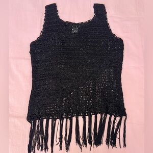 Y2K Black Beaded Floral Fringe Crochet Tank Top